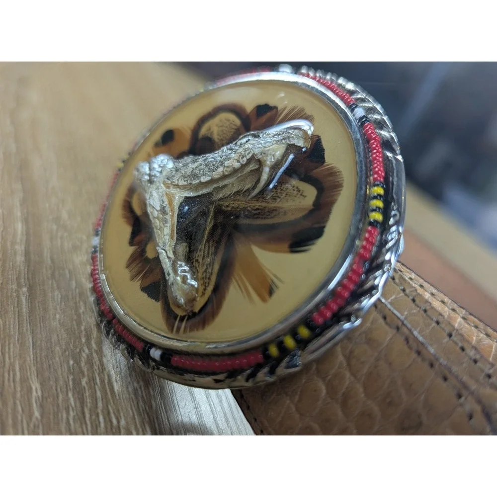 Vintage Tony Lama Hand Tooled Leather Belt Real Rattlesnake Taxidermy Buckle USA